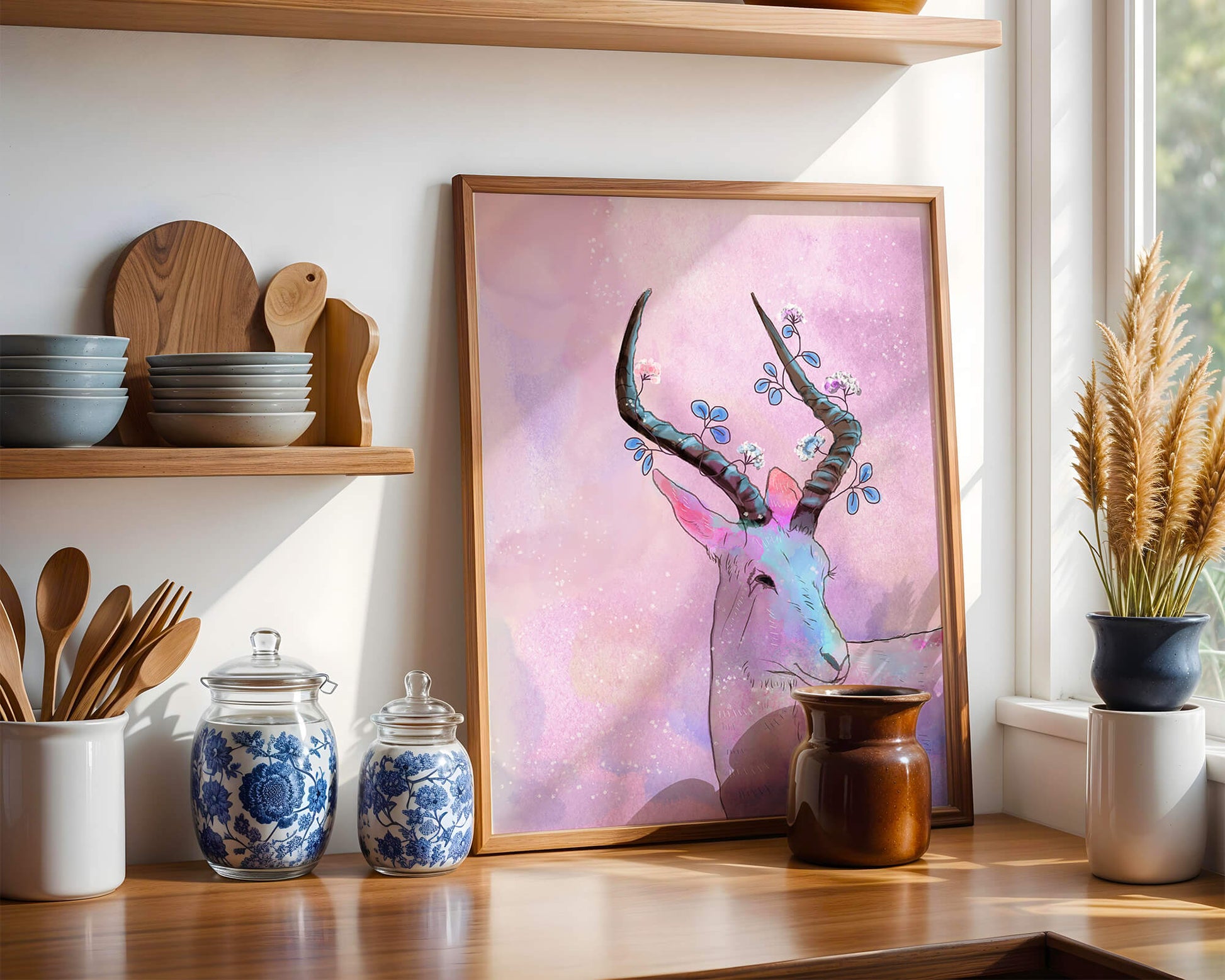 Pastel watercolor illustration of antelope with floral horns