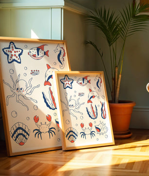 Colorful marine life illustration featuring sea creatures on a dark background