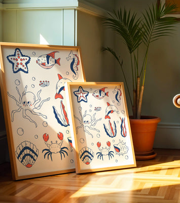 Colorful marine life illustration featuring sea creatures on a dark background