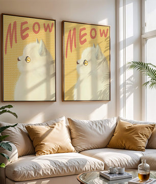 Profile View of a White Cat with Meow Text on Yellow Background