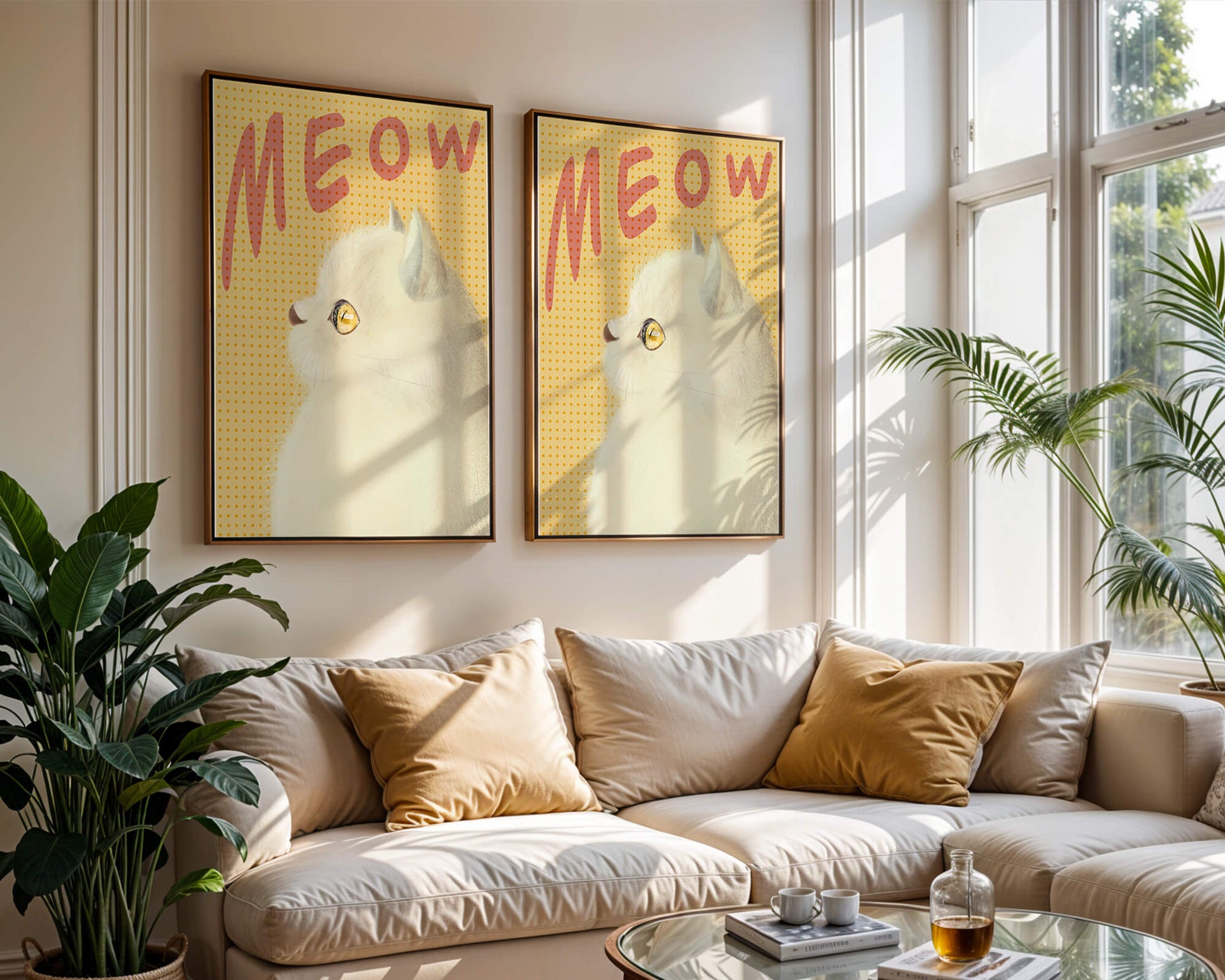 Profile View of a White Cat with Meow Text on Yellow Background