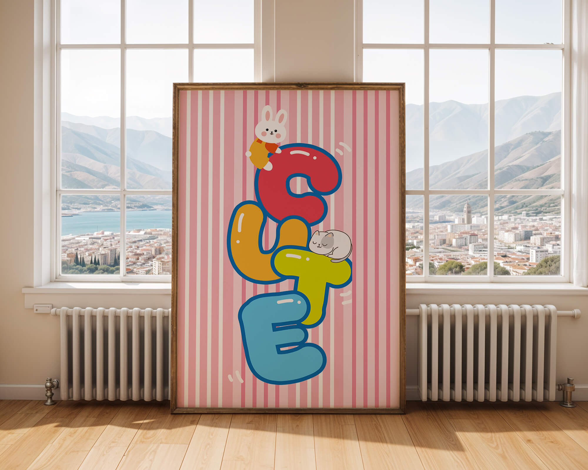 Playful cute illustration with bunny and kitten on colorful letters