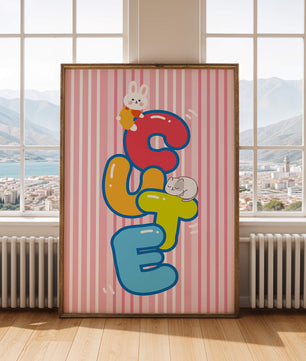 Ilustración lúdica y adorable con conejo y gatito sobre letras coloridas