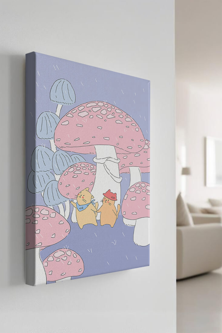 Charming illustration of cats among whimsical mushrooms
