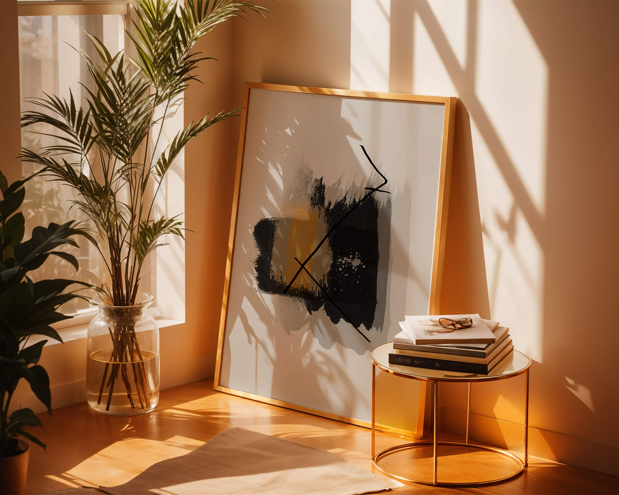 Abstract modern art with golden and black brush strokes