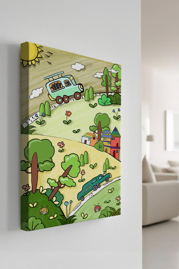 Whimsical landscape with houses, cars, and colorful flora