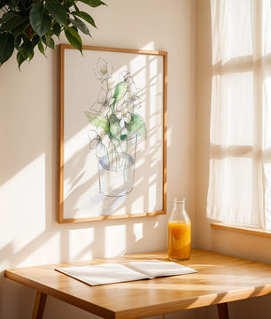Delicadas flores blancas en una ilustración de jarrón de cristal