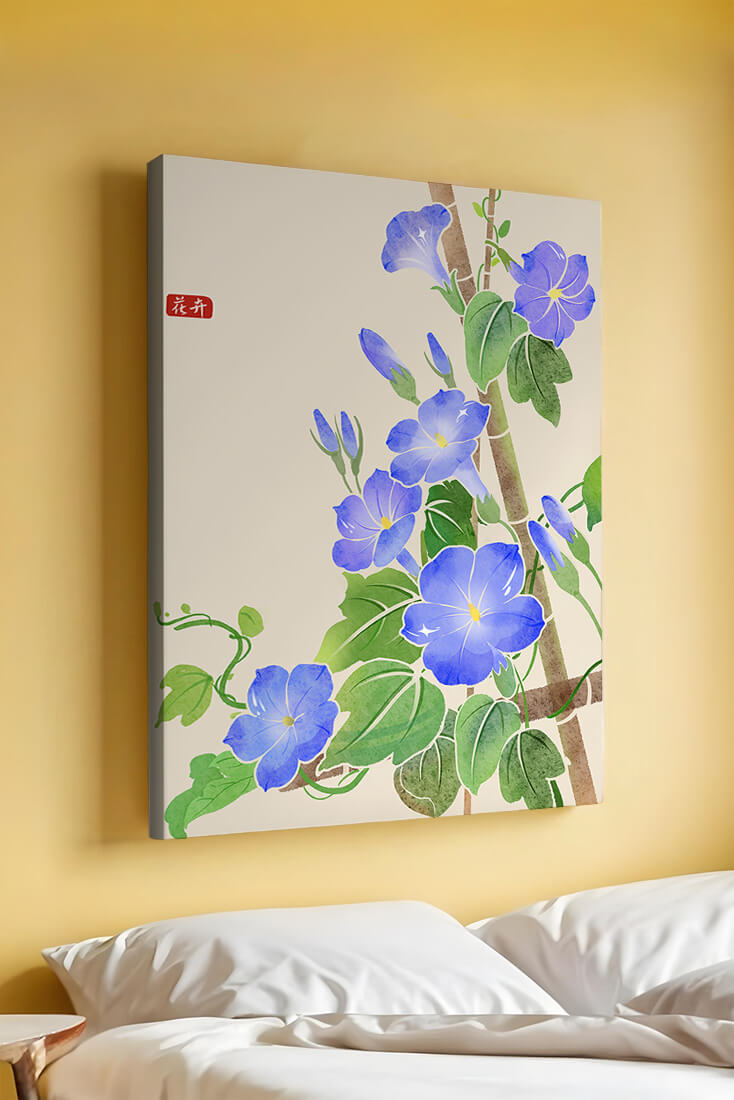 Obra floral delicada con glorias matutinas azules vibrantes