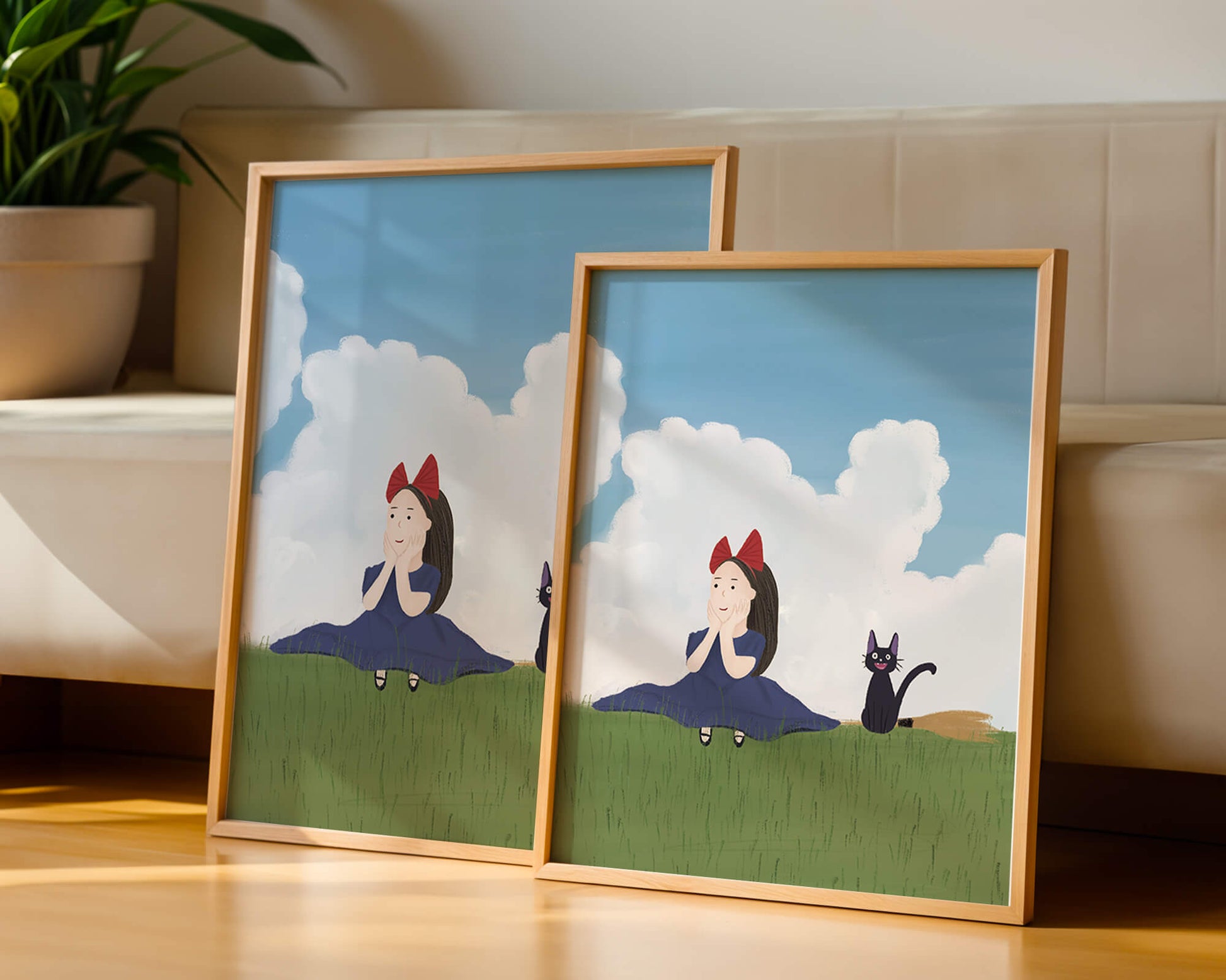 Girl with Red Bow and Cat in Lush Green Meadow