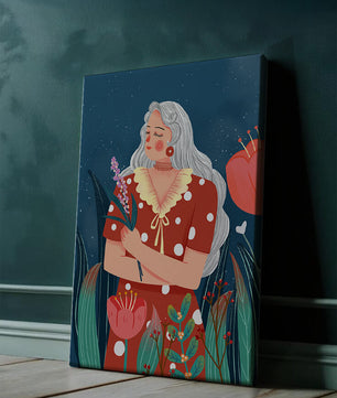 Serene illustration of a woman with flowers under a starry night sky