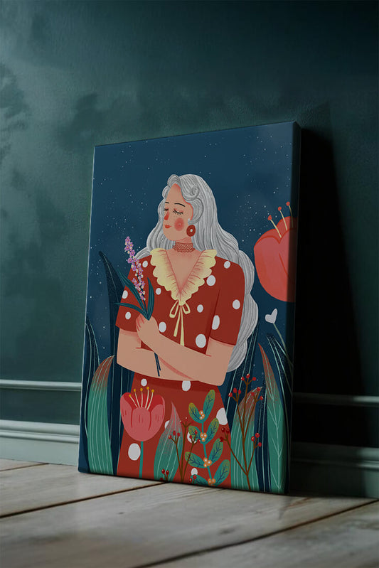 Serene illustration of a woman with flowers under a starry night sky