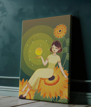 Elegant illustration of a woman on sunflowers with glowing orb