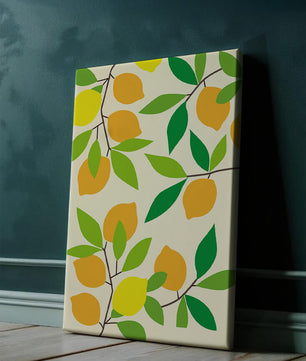 Vibrant lemon pattern with colorful leaves and citrus fruits