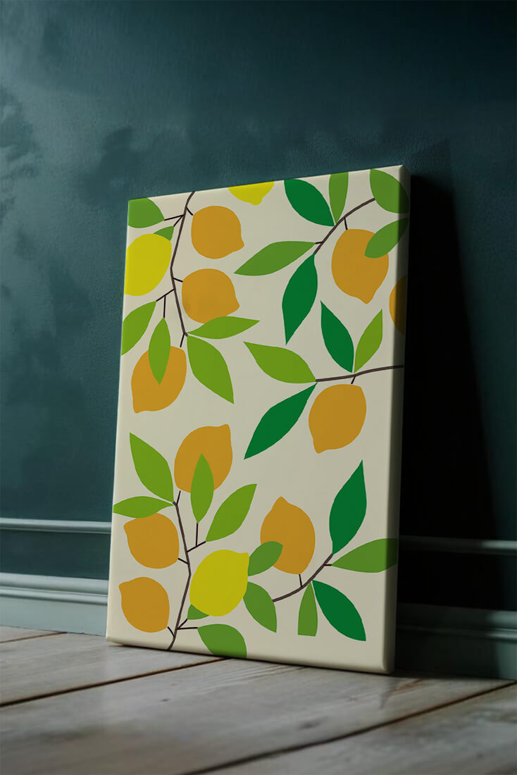 Vibrant lemon pattern with colorful leaves and citrus fruits