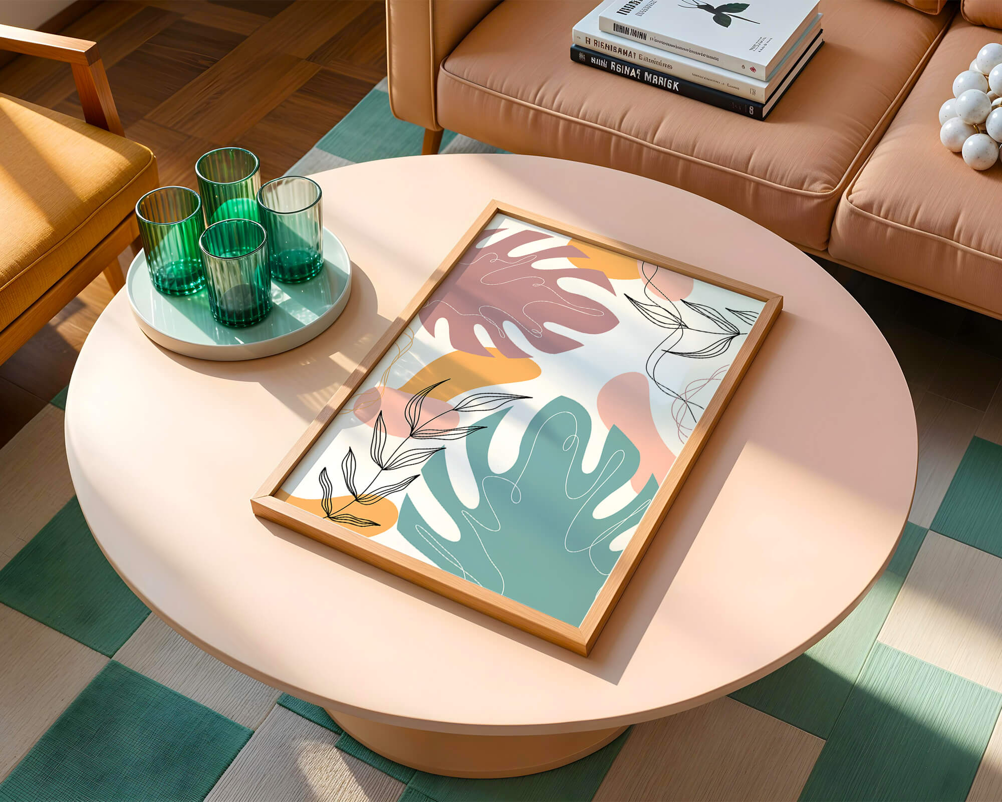 Abstract botanical illustration with colorful leaf patterns