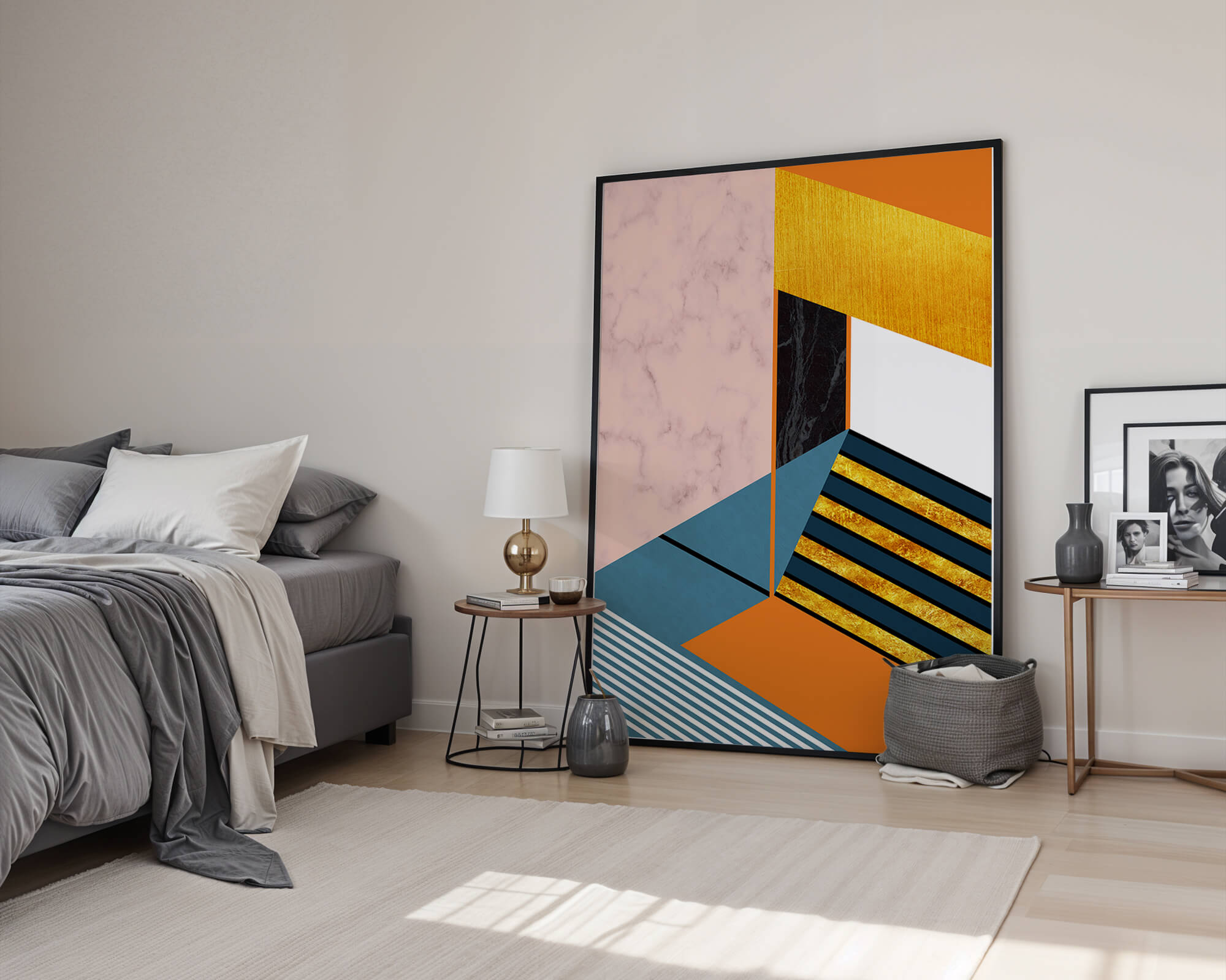 Abstract geometric design with marble and gold textures