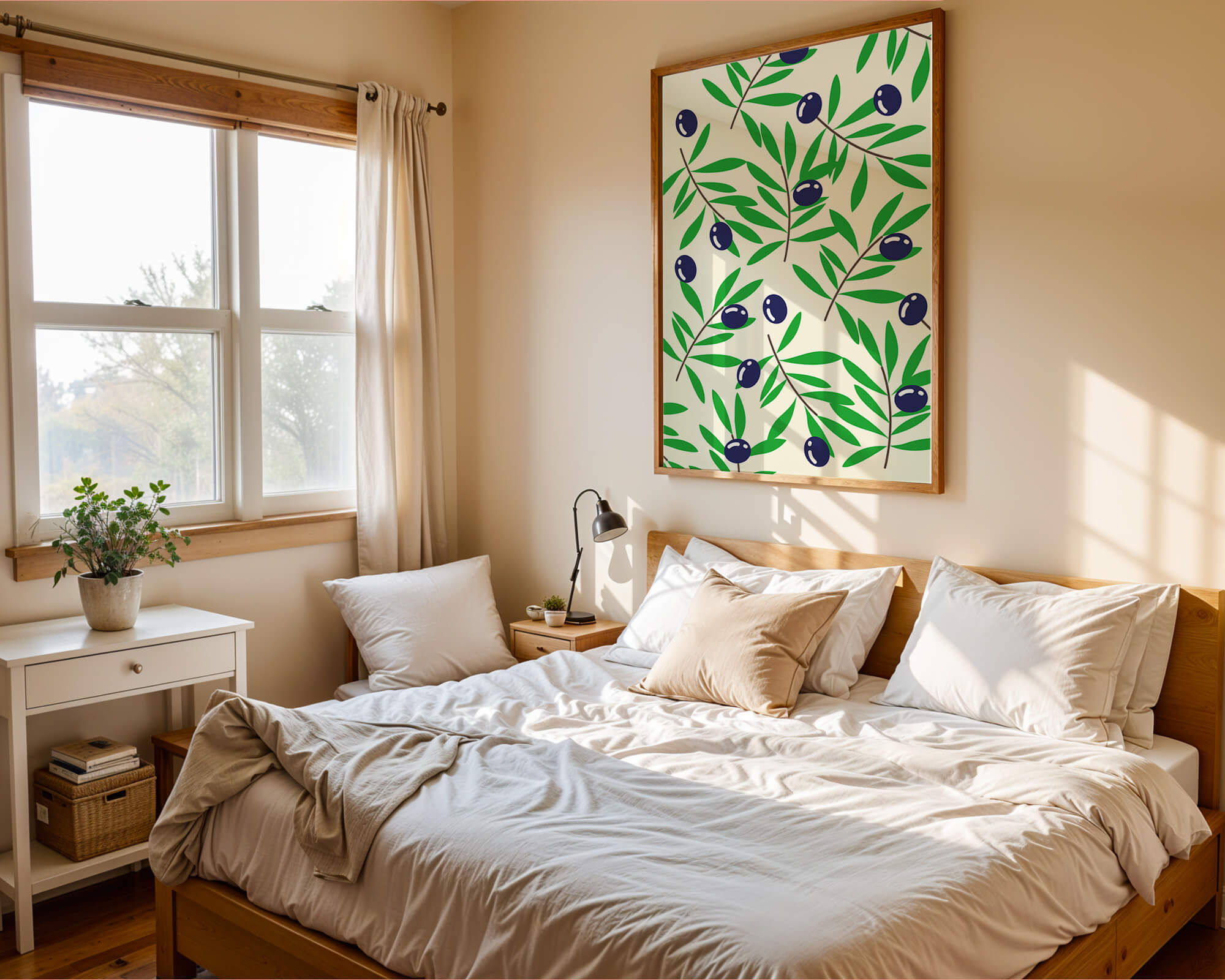 Olive branch pattern with green leaves and blue olives