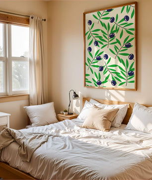 Olive branch pattern with green leaves and blue olives