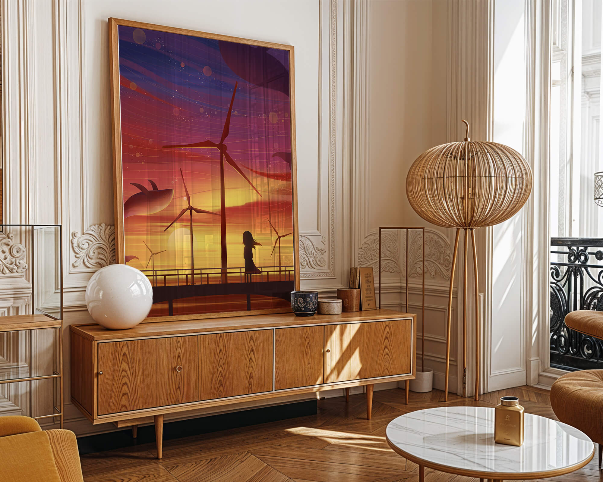 Enchanting sunset scene with wind turbines and silhouette of a girl