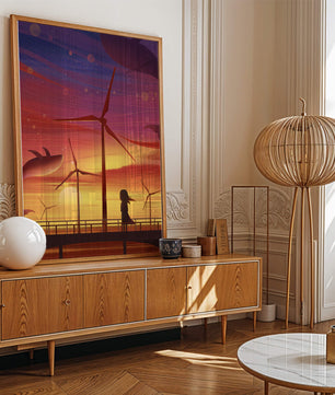 Enchanting sunset scene with wind turbines and silhouette of a girl