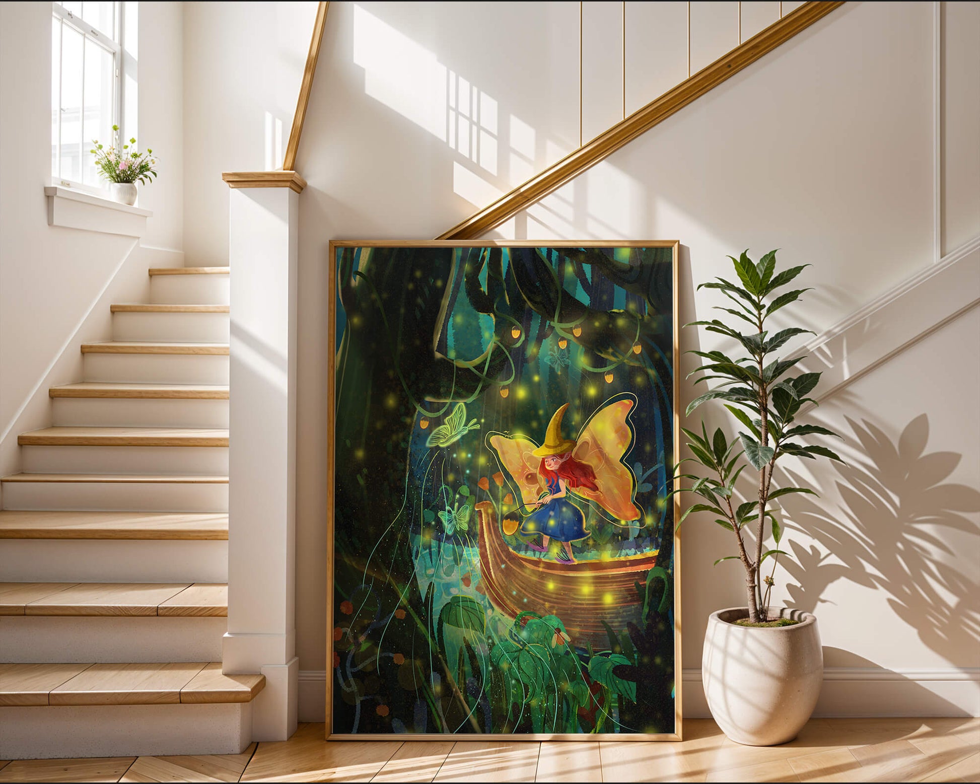 Fairy in an enchanted forest with glowing butterflies and lanterns