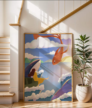Escena onírica con vida marina y figura flotante en el cielo