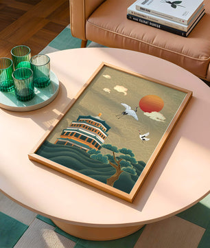 Traditional Asian art with cranes and temple at sunset