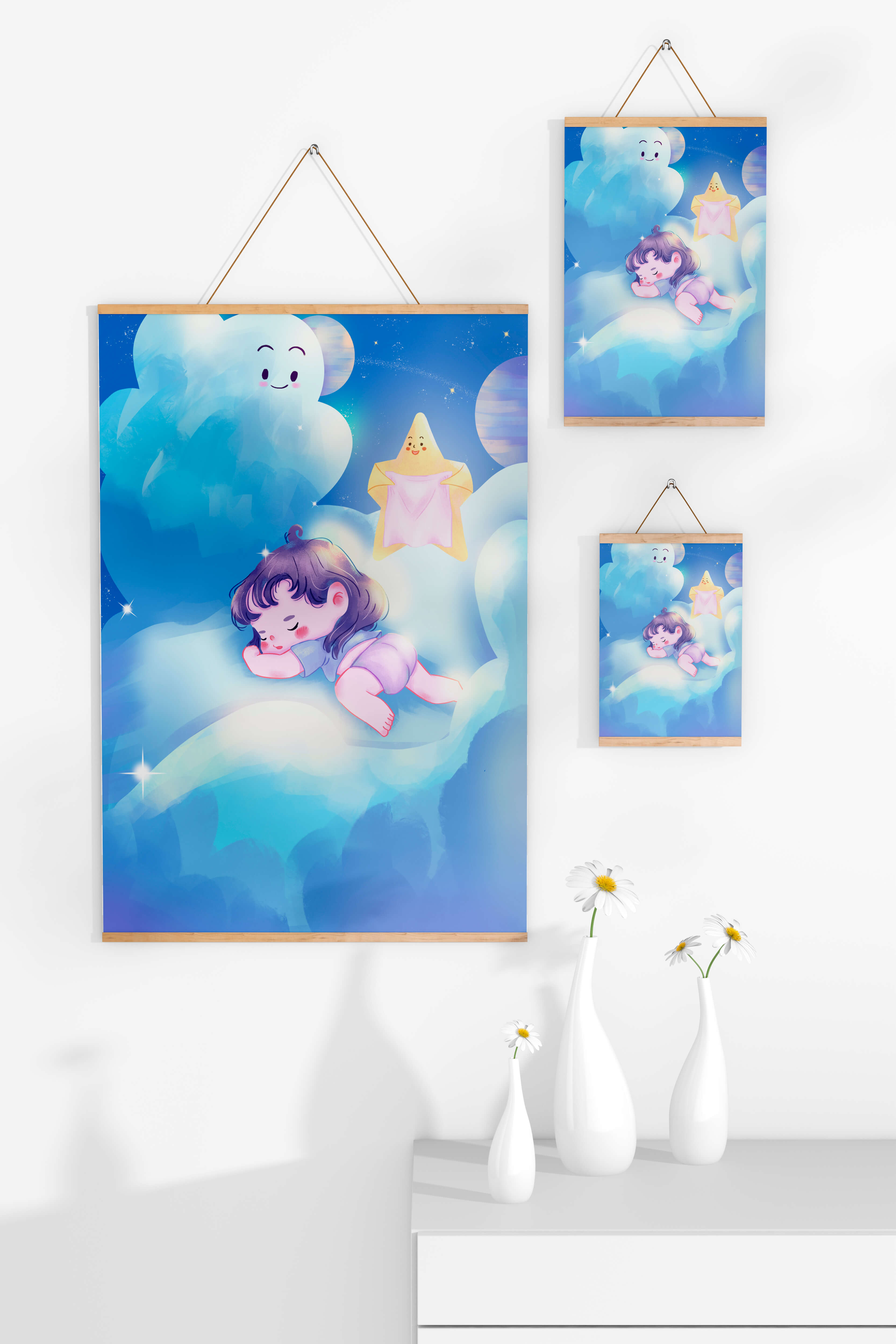 Dreamy illustration of sleeping child on clouds with smiling cloud and star