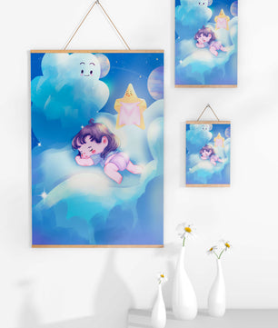 Dreamy illustration of sleeping child on clouds with smiling cloud and star