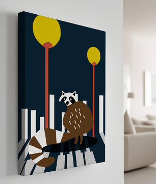 Raccoon Illustration with Urban Street Lamps and Geometric Design