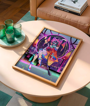 Personaje futurista con atuendo tradicional asiático y telón de fondo de ciudad neón