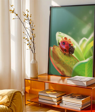 Ladybug on Leaf with Dew Drops in Serene Nature Setting - Mi tienda