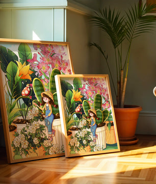Charmante scène de jardin avec une jeune fille et des fleurs éclatantes