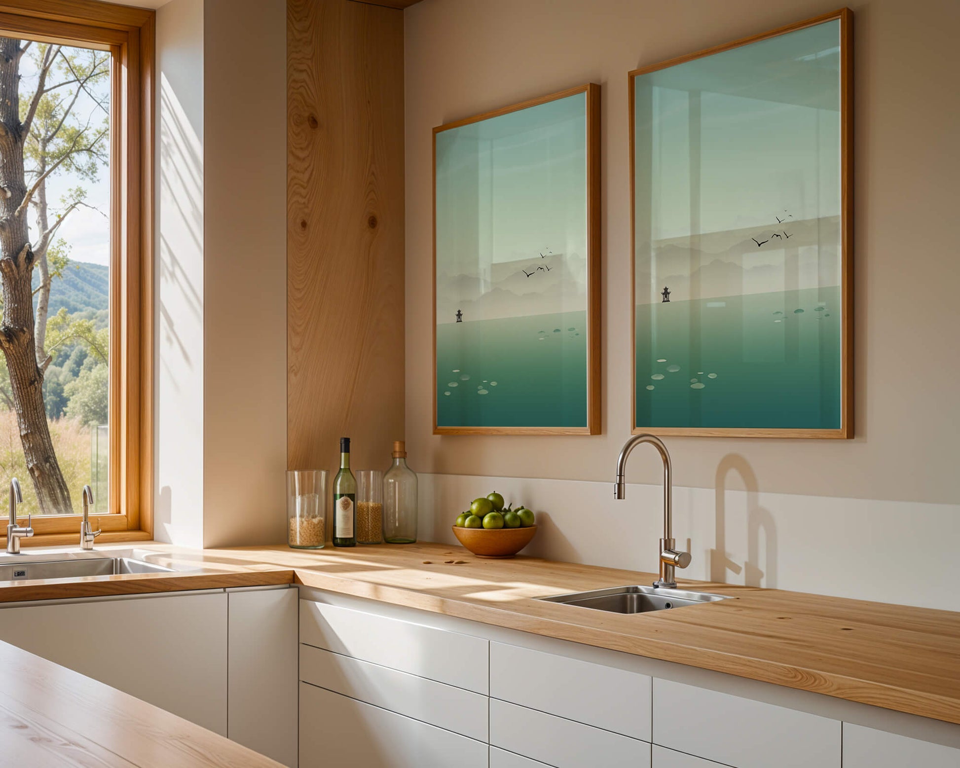 Serene landscape with pagoda and birds over a misty lake