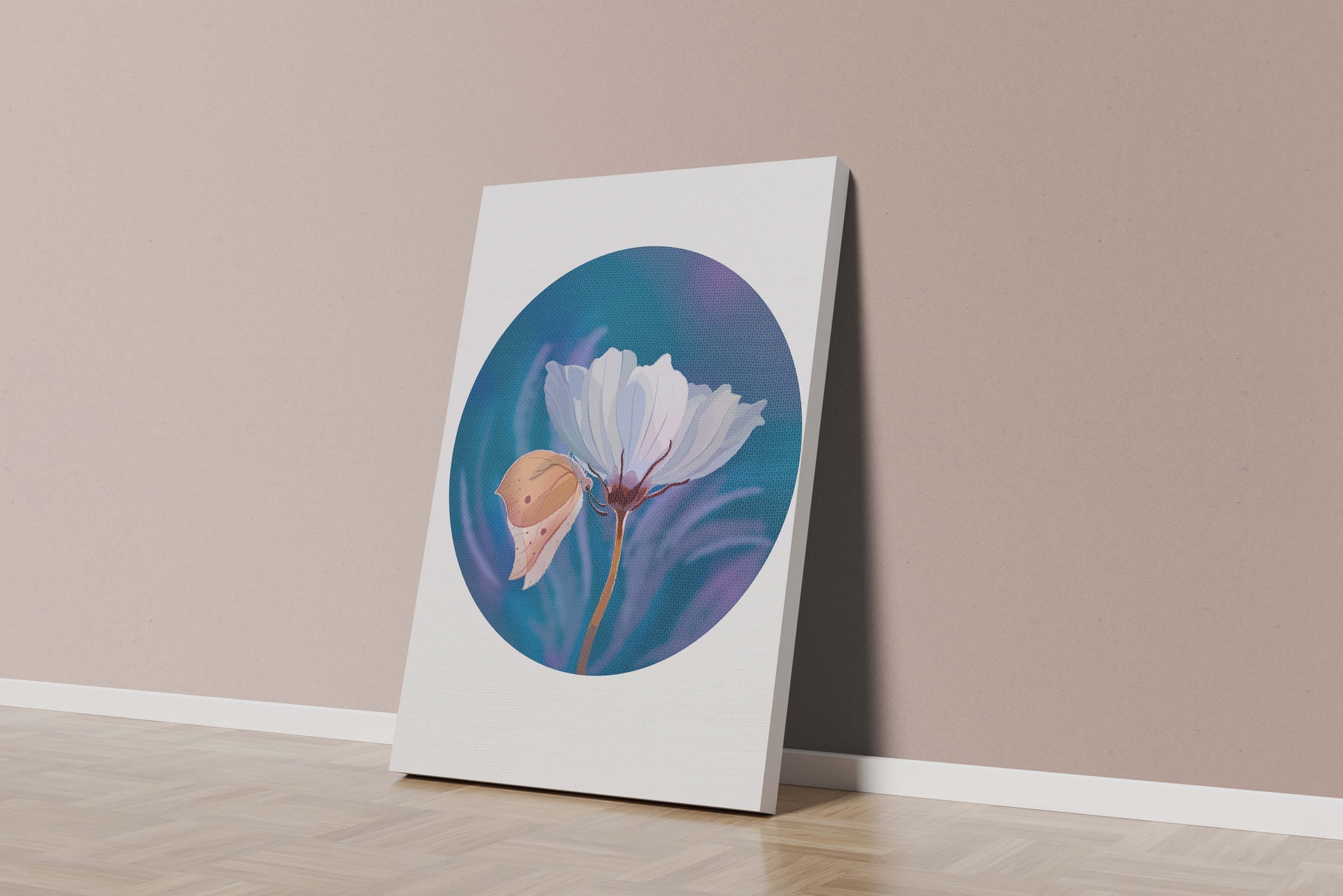 Delicate butterfly resting on a white flower in a serene blue background