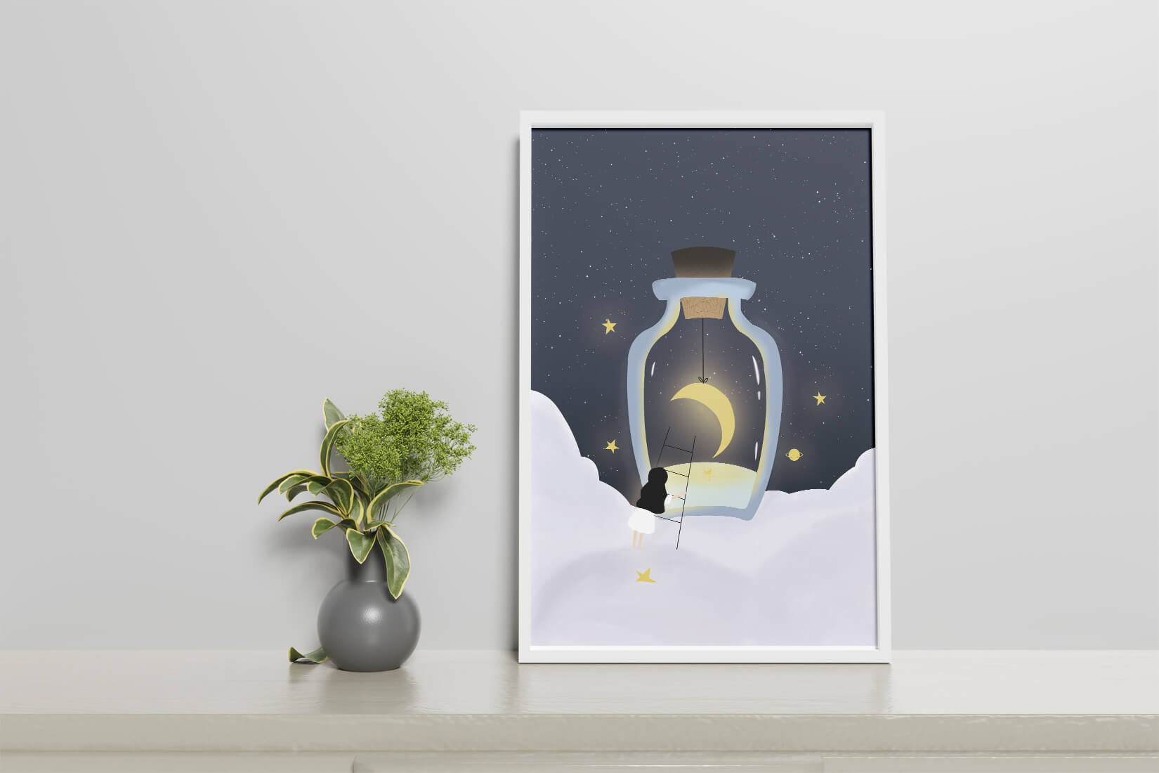 Fantasy Scene with Girl and Moon in a Bottle