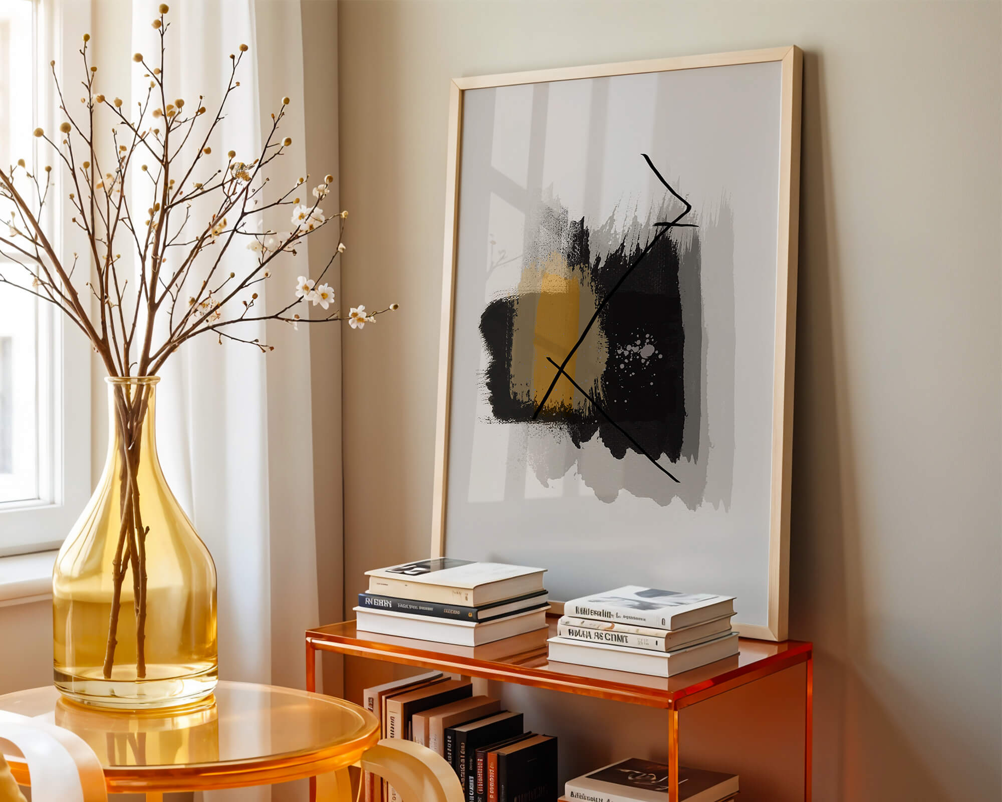 Abstract modern art with golden and black brush strokes