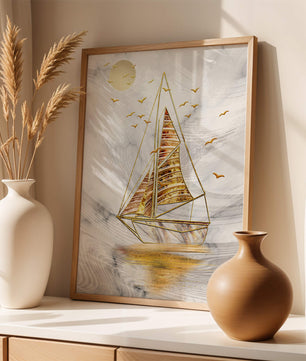 Elegant sailboat with gold elements against a textured sky