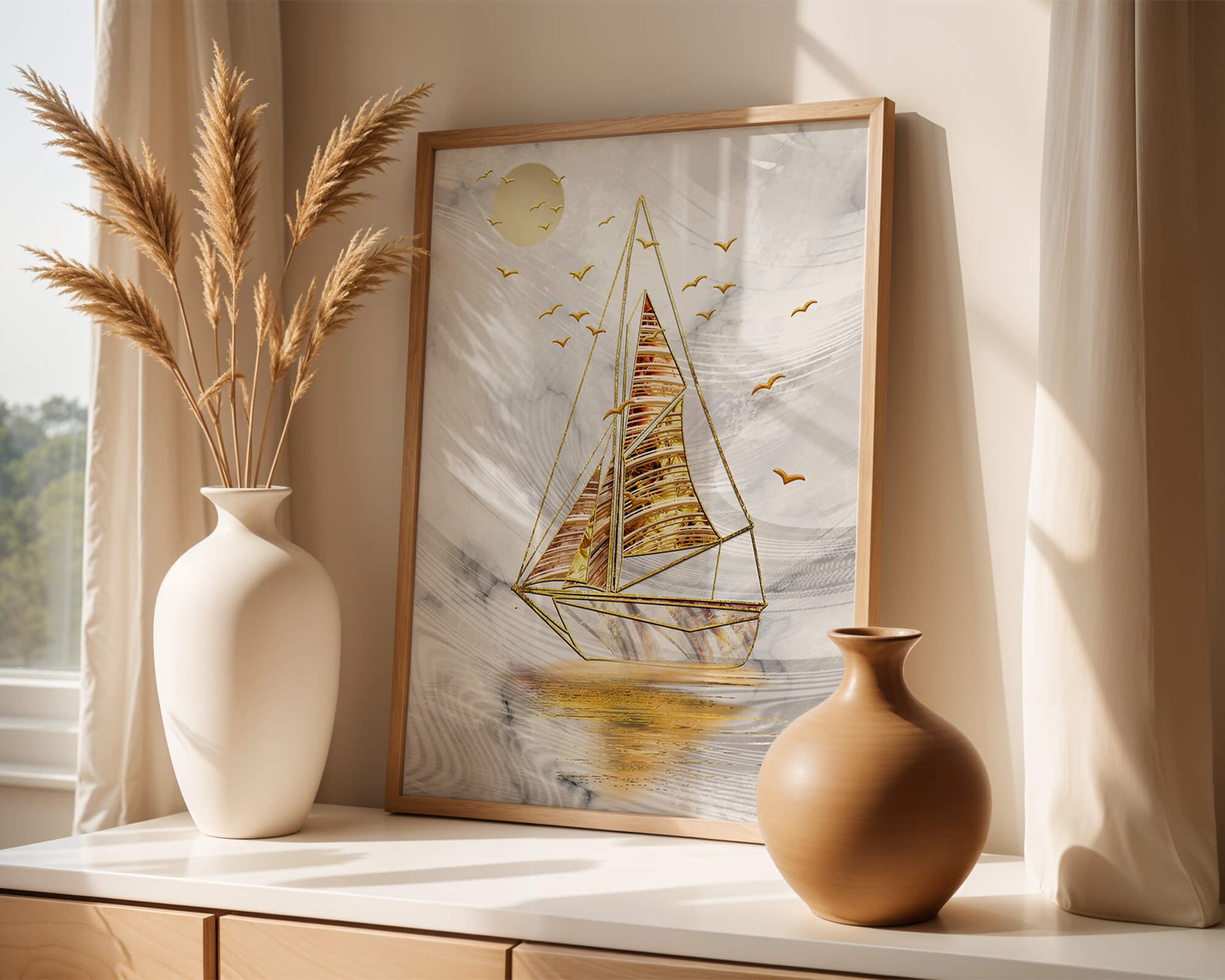 Elegant sailboat with gold elements against a textured sky