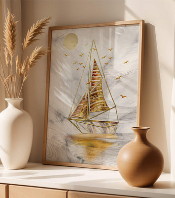 Elegant sailboat with gold elements against a textured sky