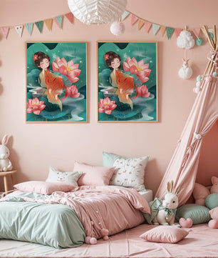 Charmante illustration d'une fille se reposant parmi des fleurs de lotus