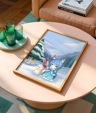 Winter scene with cute chibi character and bunny in snowy landscape