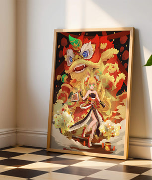 Colorful anime-inspired scene with a lion dance and festive character