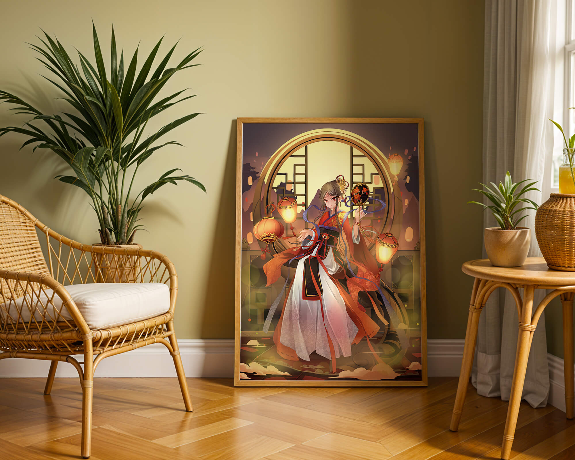 Elegant Asian-inspired fantasy artwork with lanterns