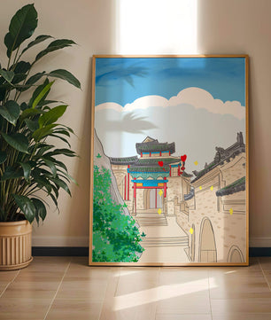 Arquitectura china tradicional con toques vibrantes y fondo escénico