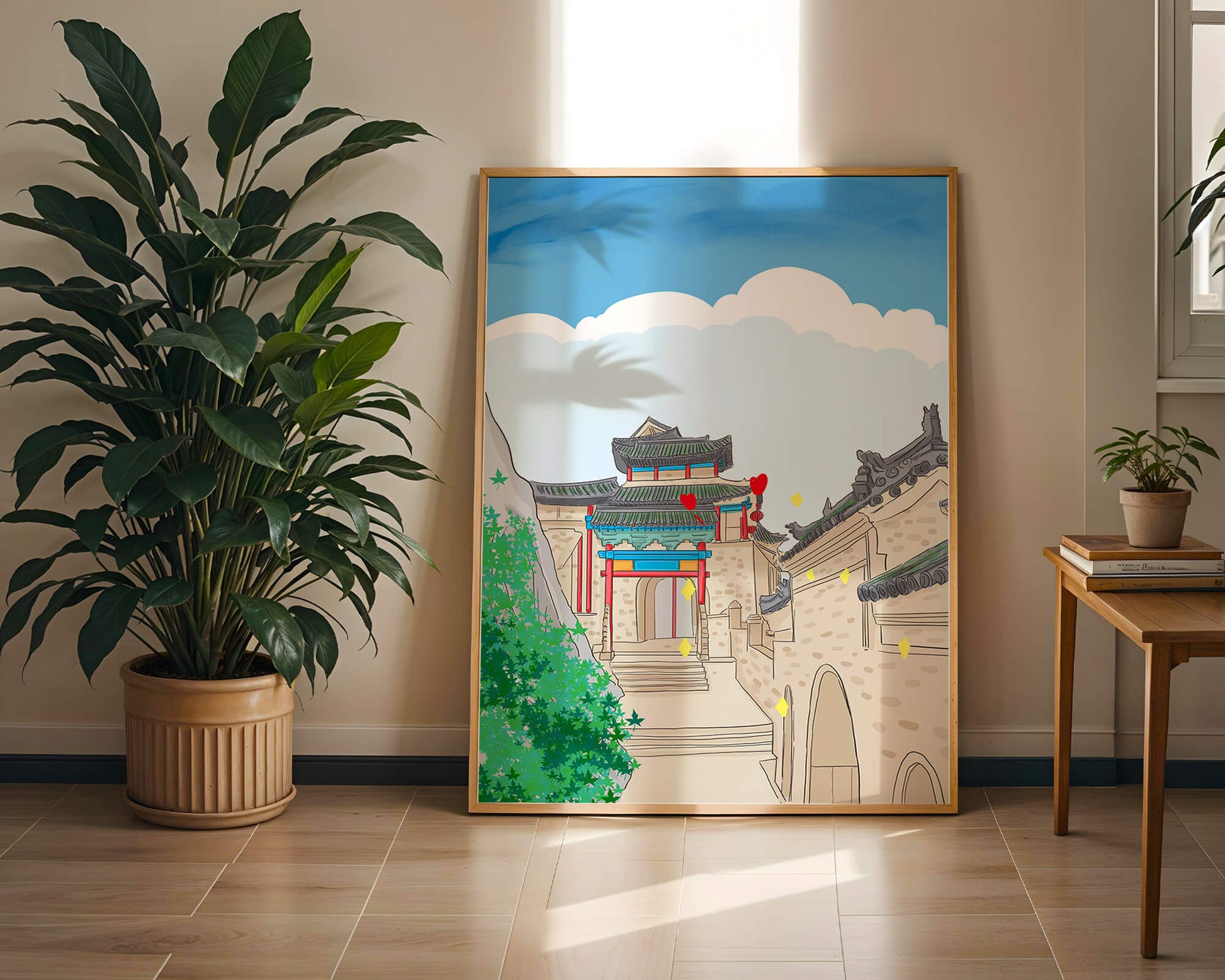 Arquitectura china tradicional con toques vibrantes y fondo escénico