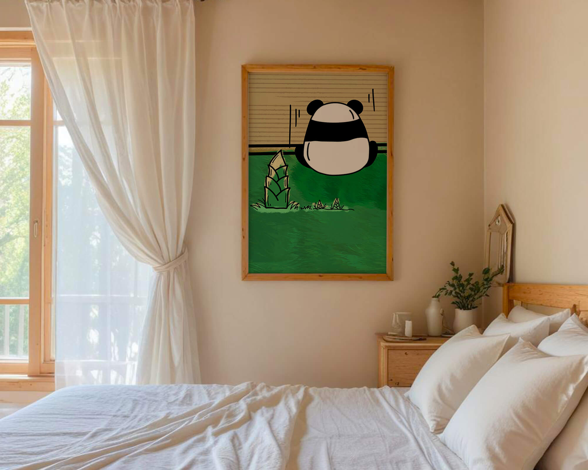 Whimsical panda in a green bamboo forest background
