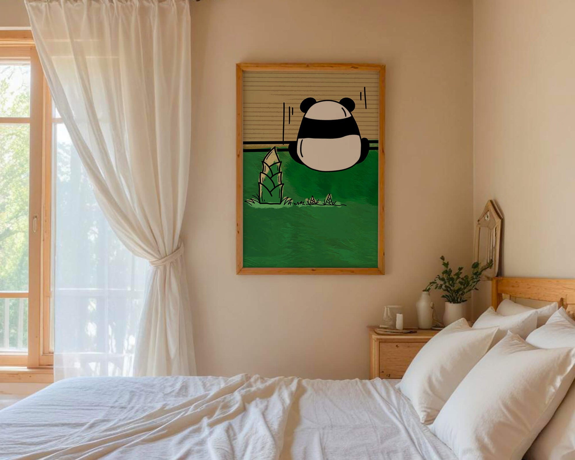 Whimsical panda in a green bamboo forest background
