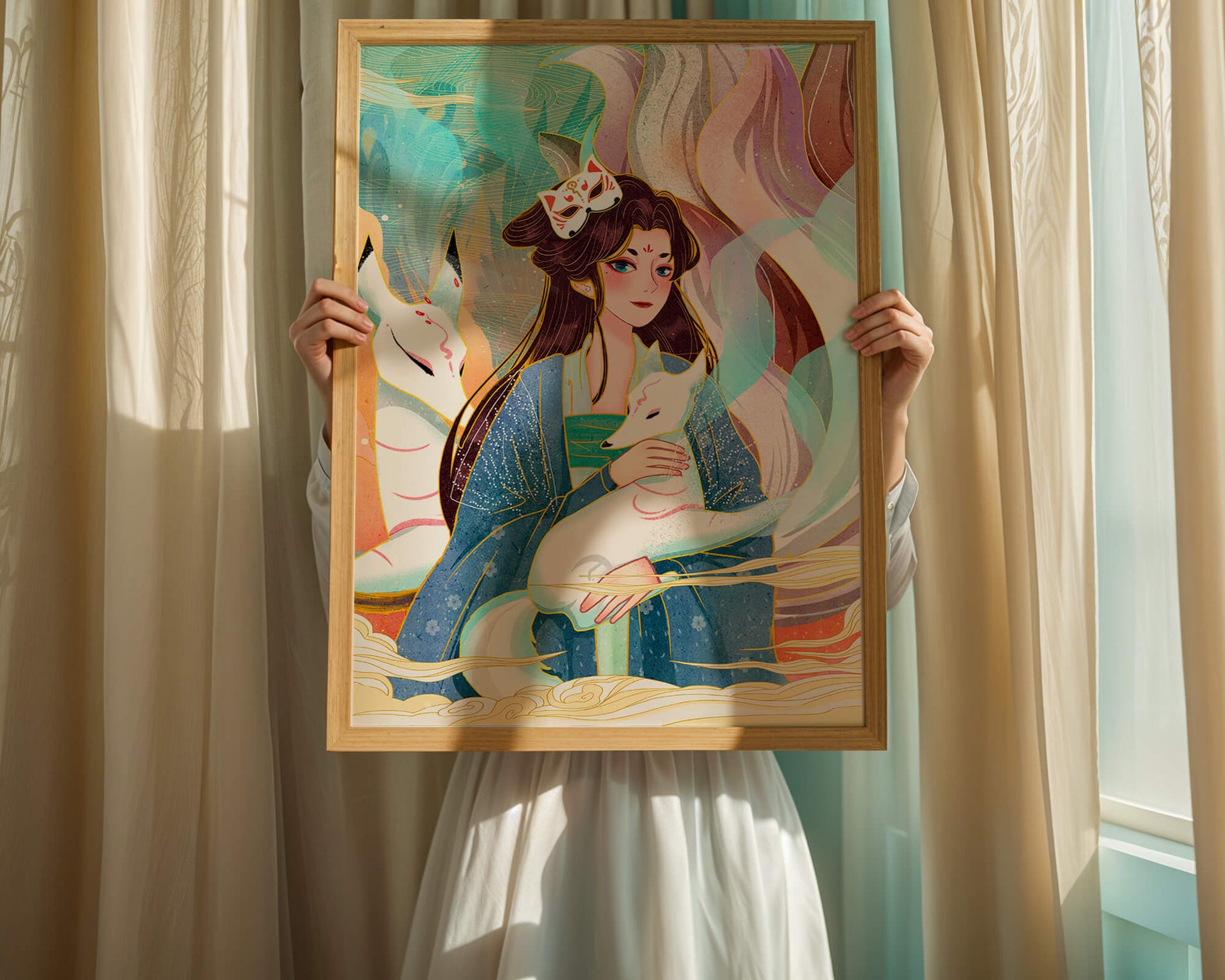 Woman with foxes in a mystical fantasy scene