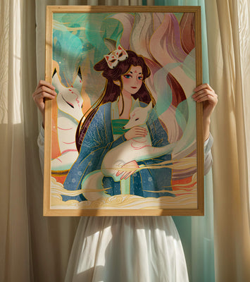 Woman with foxes in a mystical fantasy scene